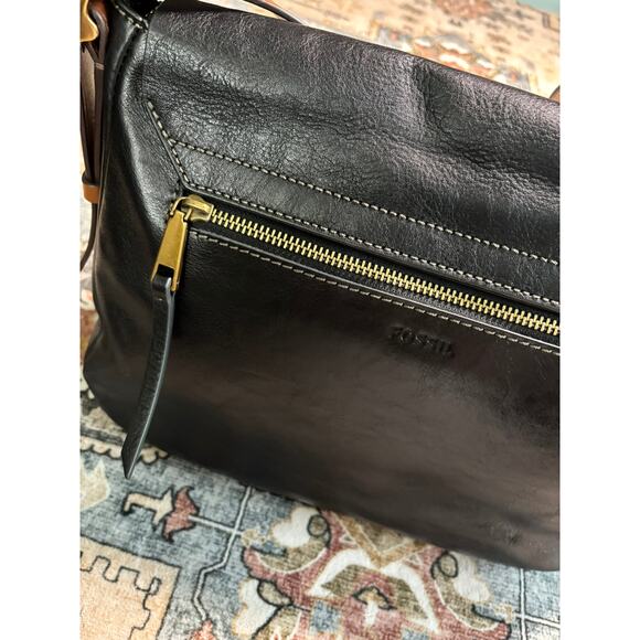 Fossil Crossbody Satchel Purse Medium Tote Black Leather Rocker Bag - Picture 9 of 14